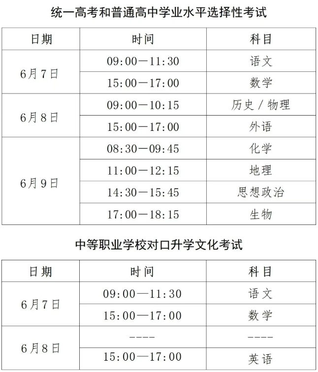 2025年河北高考各科目考试时间