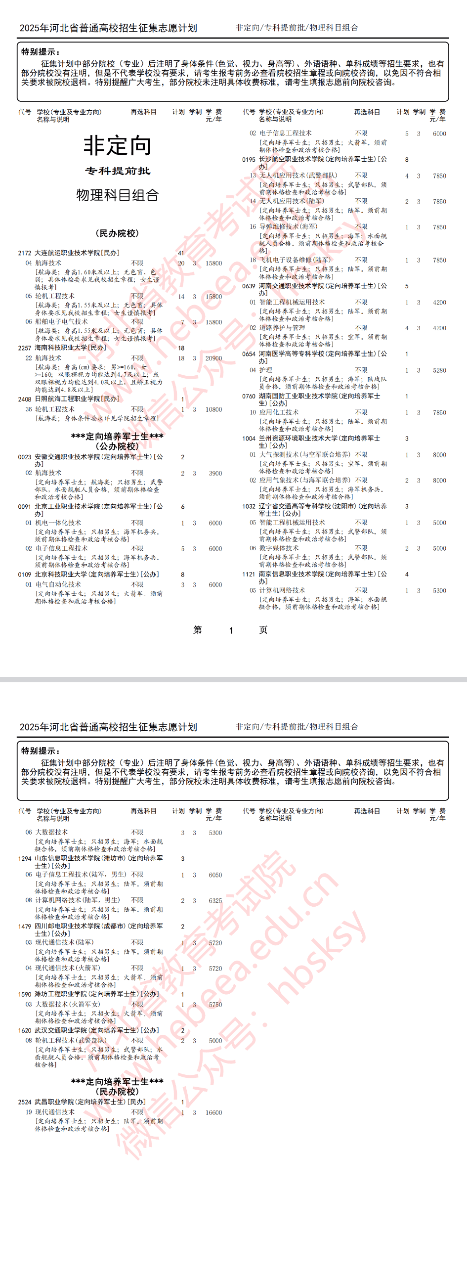 2025年河北高考专科提前批征集志愿计划（历史、物理）