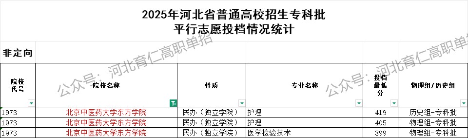 北京中医药大学东方学院录取最低投档分（2025年河北高考统考专科批）