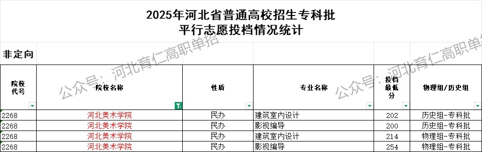 河北美术学院录取最低投档分（2025年河北高考统考专科批）