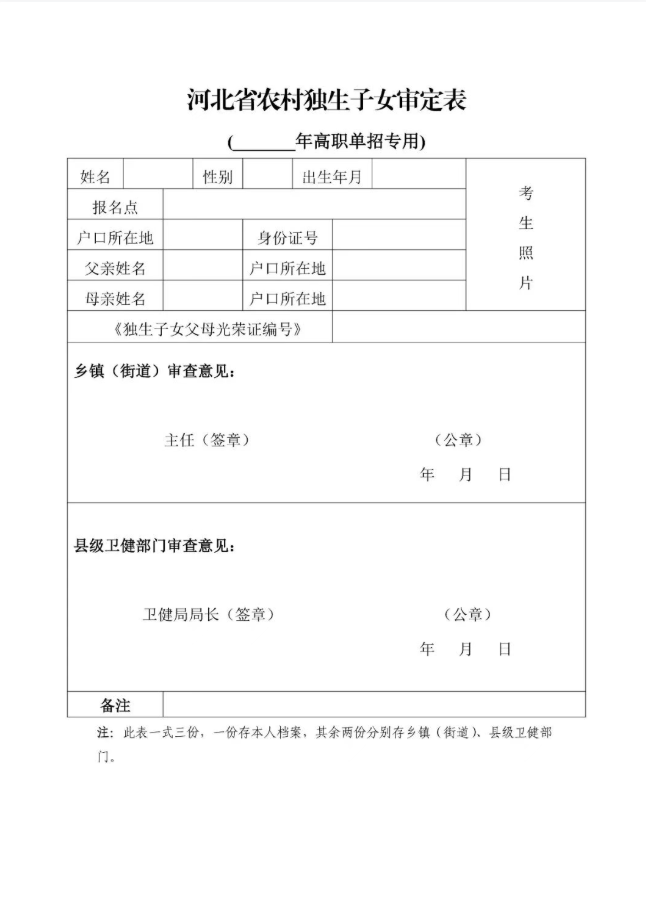 2027年度河北省农村独生子女高考/单招加分资格申请的提醒（附样表下载）